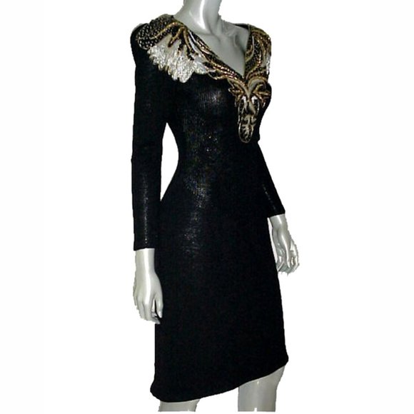 Vtg 80s Santana Knit beaded sequined Bodice Dress 12 - Picture 10 of 11